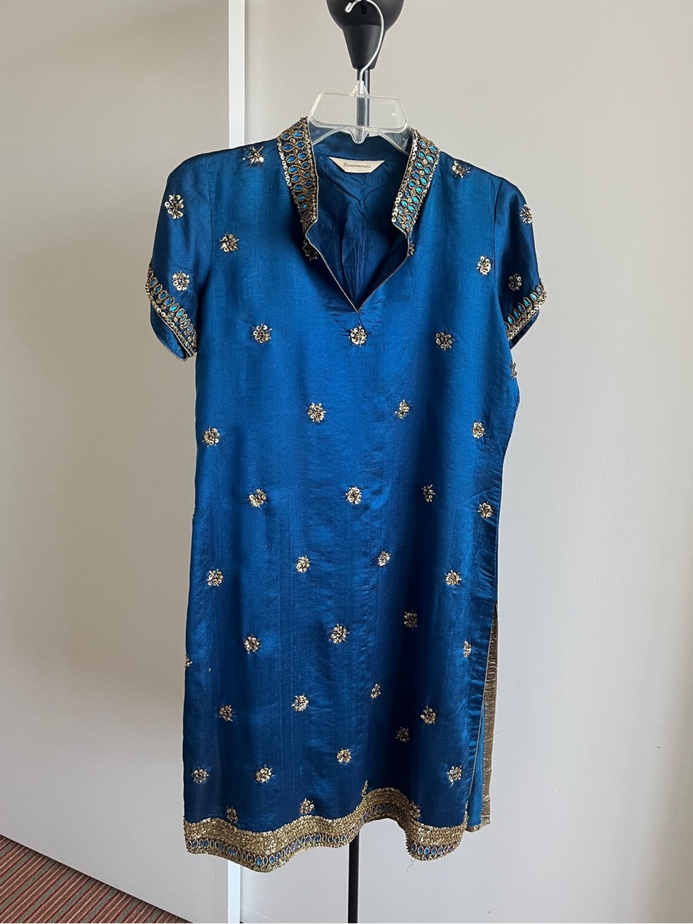 RITU Style 100% Silk Dress Kurta  Nehru Collar Royal Blue & Gold Zari Sequins S